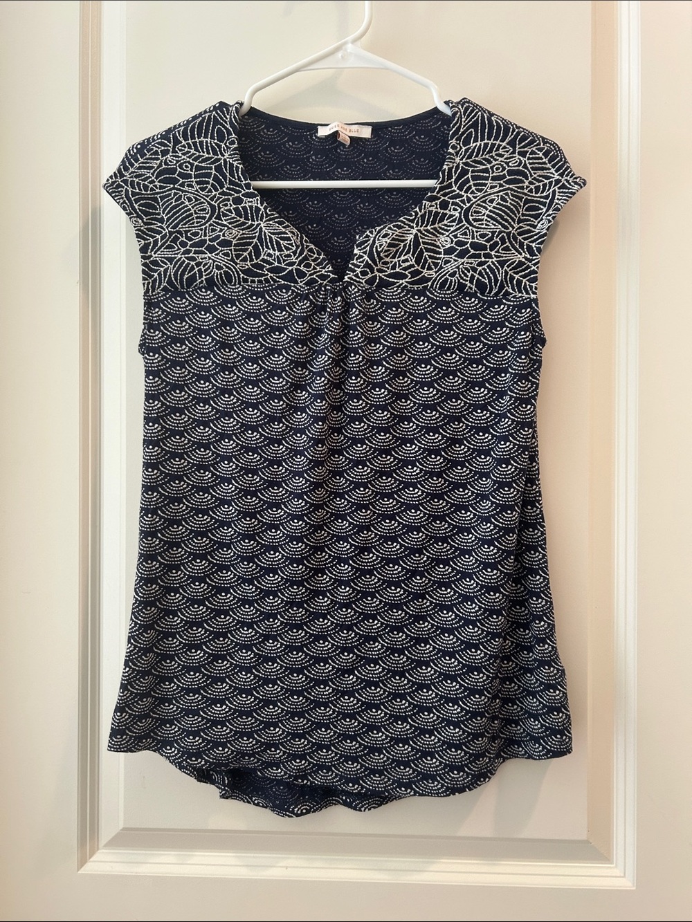 Skies Are Blue Embroidered Detailing Navy Patterned Cap-Sleeve Women Top size S